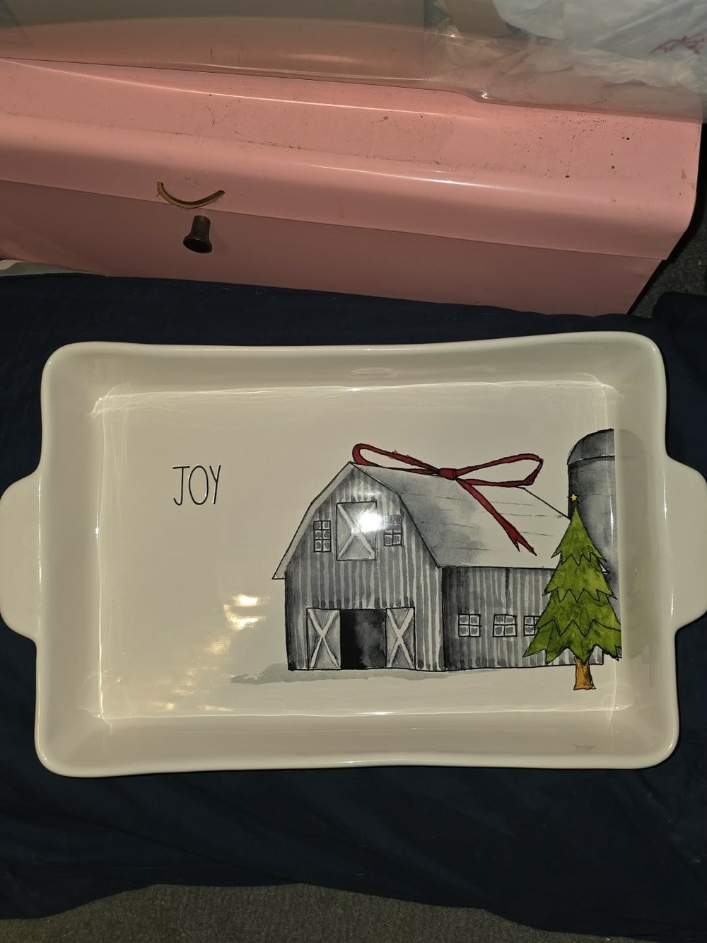 Rae Dunn Cream Ceramic JOY barn Baking Pan RARE-OBO
